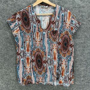 Jules Blouse Women L Large Blue Geometric V-Neck Short Sleeve Pullover Casual